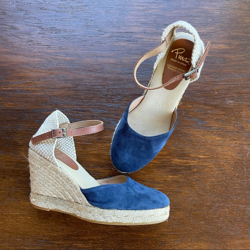 Pinaz Espadrilles Wedges, Navy Blue, Brown, size 6